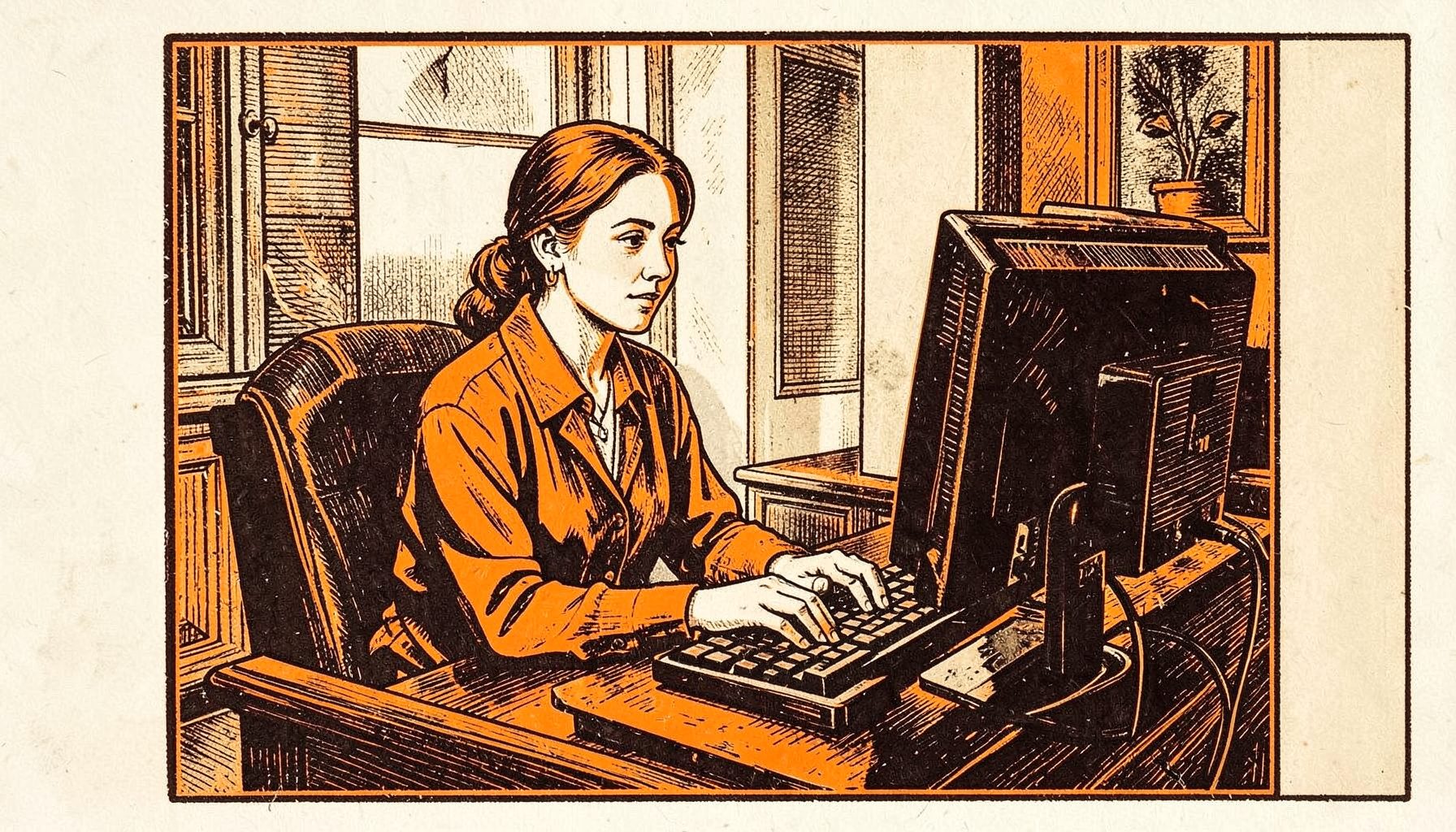 نقش لينوليوم لامرأة تجلس خلف مكتب أنيق، تنظر إلى شاشة حاسوب، بألوان هادئة من البيج والبني الداكن